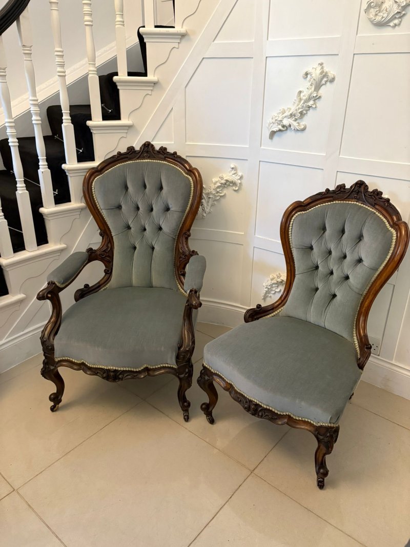 Outstanding Quality Pair of Antique Victorian Carved Walnut Ladies and Gentlemen’s Chairs - Image 4